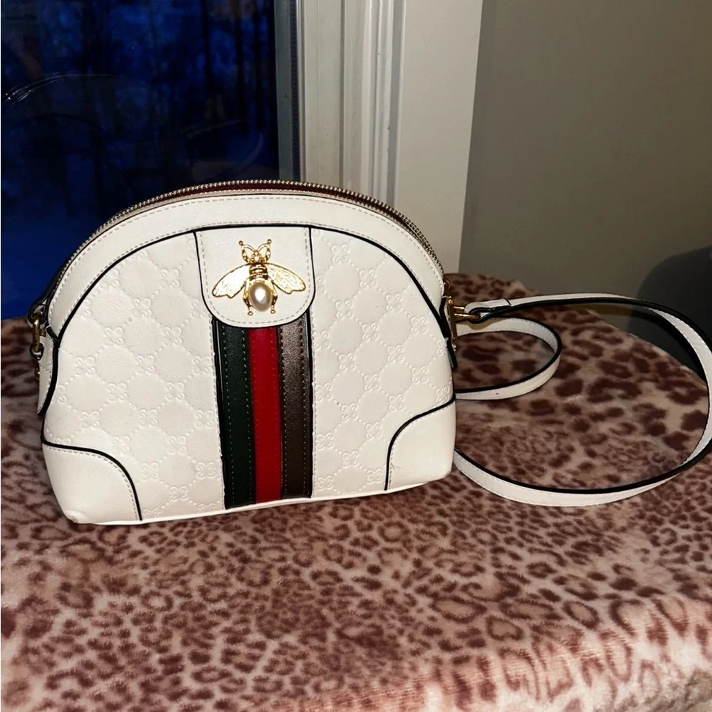 White Leather Crossbody Bag with Bee Detail - Picture 1 of 4